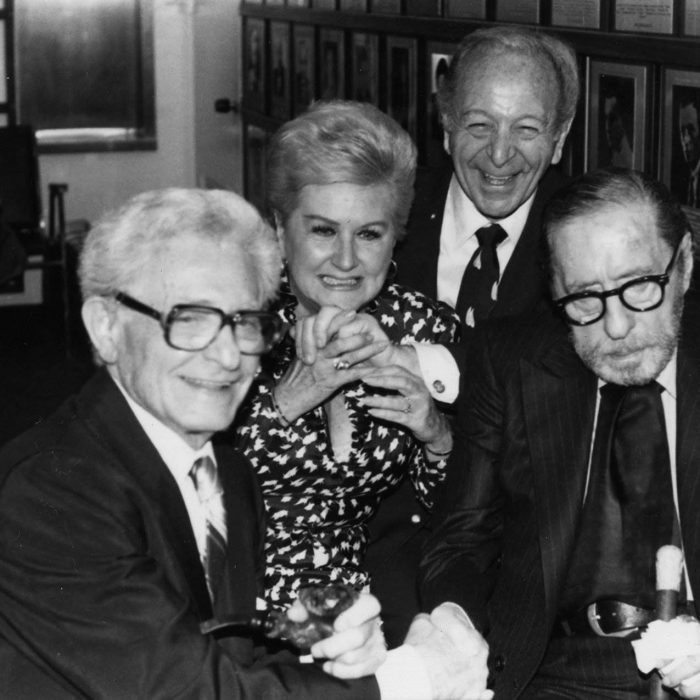 Songwriters honor Leo Robin at a special event sponsored by the Songwriters Hall of Fame. From left to right: lyricist Harry Tobias, lyricist Leo Robin, popular standards singer Margaret Whiting, composer Burton Lane and composer Harold Arlen at a 1982 reception hosted by the Songwriters Hall of Fame to honor Leo Robin