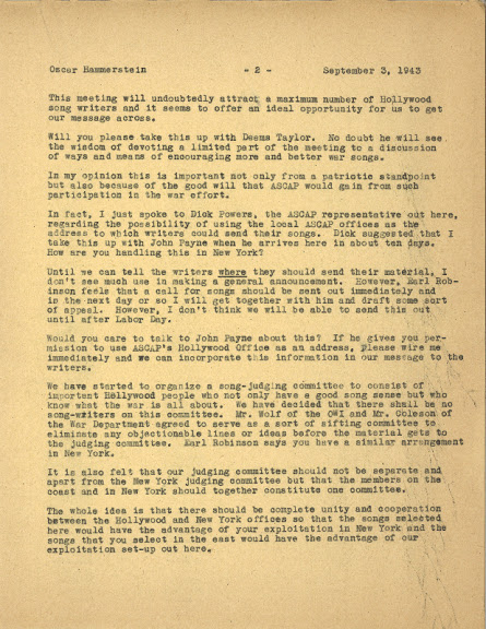 Letter from Leo to Oscar Hammerstein, II, dated September 3, 1943, regarding the search for songs. In attendance at the Beverly Wilshire Hotel that Leo hosted and paid for, were Harold Arlen, Ira Gershwin, Mr. Coleson of the War Department, Sammy Cahn, Jule Styne among others including ‘yours truly.’
