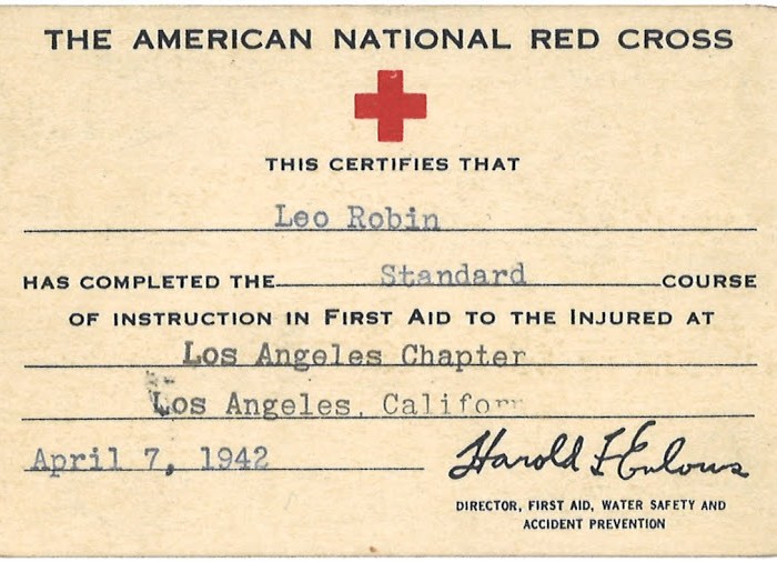 Leo was certified on April 7, 1942, the day after his 47th birthday, by the American National Red Cross. In addition to using his god-given talent as a lyricist by writing such patriotic songs as 