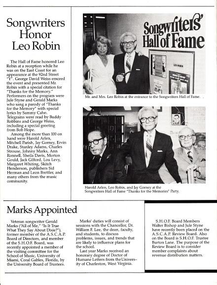 Songwriters honor Leo Robin at a special event sponsored by the Songwriters Hall Of Fame.