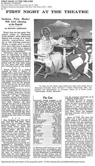 A review of opening night, “First Night at the Theatre,” by Brooks Atkinson, which appeared in the New York Times on December 9, 1949.