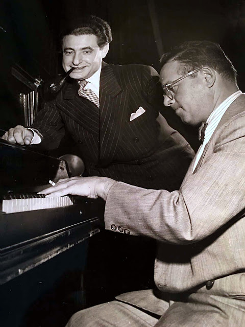 Lyricist Leo Robin with composer Jule Styne working together on the score of Gentlemen Prefer Blondes at the time of the original production in 1949.
