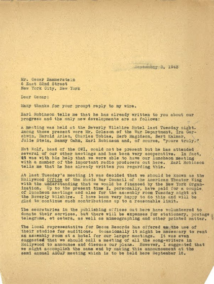 Letter from Leo to Oscar Hammerstein, II, dated September 3, 1943, bringing Oscar up to speed on the West Coast Branch’s search for songs to support the war effort. Leo also tells Oscar that the West Coast Branch has officially decided to call themselves “the Hollywood Office of the Music War Council of the American Theatre Wing.”