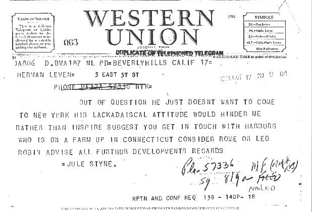 Behind the Scenes:  Jule Styne sent a telegram to Herman Levin, dated October 17, 1948, recommending either Leo Robin or Yip Harburg  (who wrote the score for The Wizard of Oz) to write the lyrics for Gentlemen Prefer Blondes.